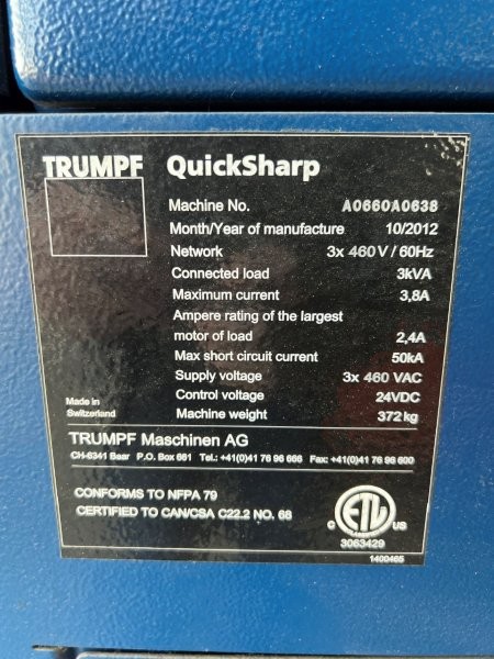 TRUMPF QUICKSHAP TOOL & DIE GRINDER WITH PLC CONTROL,NEW-2012