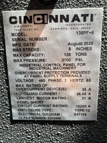 CINCINNATI PROFORM 135PF+6,135 TON X 96 ,72 BETWEEN-HOUSINGS,NEW-2020