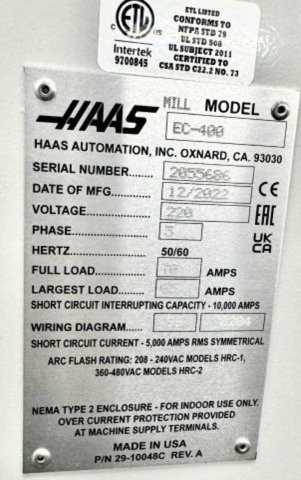 HAAS EC400,22 X,25 Y,22 Z,12,000-RPM,30-ATC,PROBING,HI-PRESSURE-COOLANT,NEW-2022